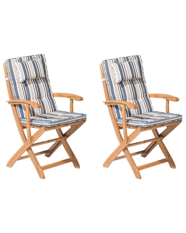 Set of 2 Garden Dining Chairs Light Wood with Beige Cushion Acacia Wood Frame Folding Rustic Design Beliani