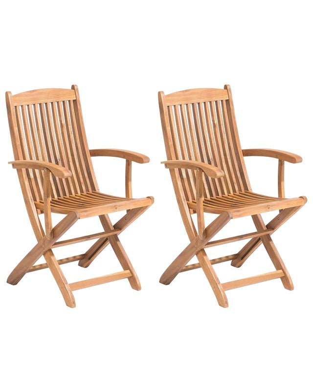 Set of 2 Garden Dining Chairs Light Wood Acacia Wood Frame Folding Rustic Design Beliani