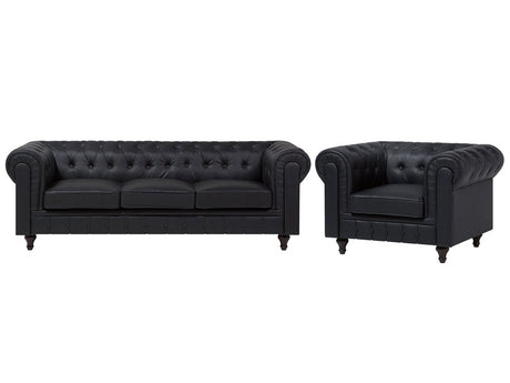 Chesterfield Living Room Set Black Faux Leather Dark Wood Legs 3 Seater Sofa + Armchair Contemporary Beliani