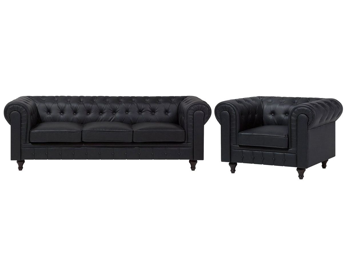 Chesterfield Living Room Set Black Faux Leather Dark Wood Legs 3 Seater Sofa + Armchair Contemporary Beliani