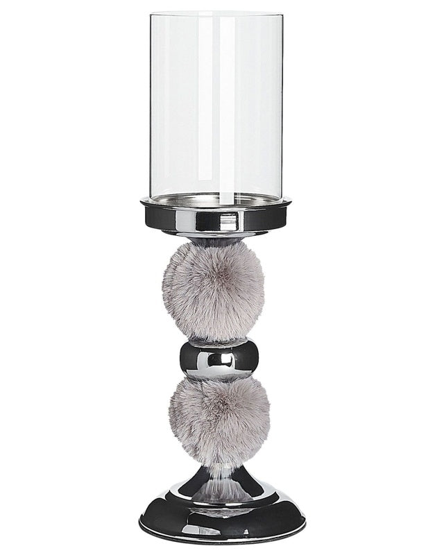 Candle Holder Silver Metal Pillar with Grey Faux Fur Glass Shade 38 cm Accent Piece Decoration Table Centrepiece Beliani