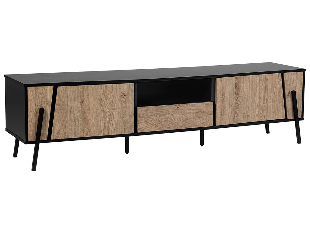TV Stand Light Wood and Black Metal Legs for up to 76  with 1 Drawer and 2 Cabinets Industrial Style Beliani