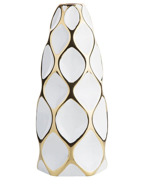 Flower Table Vase White with Gold Stoneware 36 cm Geometric Beliani