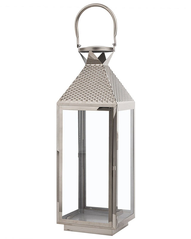 Metal Lantern Silver Stainless Steel H 55 cm Pillar Candle Holder Beliani