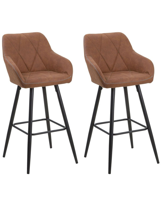 Set of 2 Bar Stool Brown Fabric Upholstered With Arms Quilted Backrest Black Metal Legs Beliani