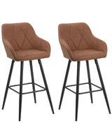 Set of 2 Bar Stool Brown Fabric Upholstered With Arms Quilted Backrest Black Metal Legs Beliani