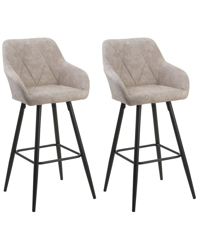 Set of 2 Bar Stool Beige Fabric Upholstered With Arms Quilted Backrest Black Metal Legs Beliani