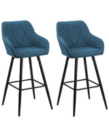 Set of 2 bar stools upholstered in blue fabric with padded backrest arms black metal legs Beliani