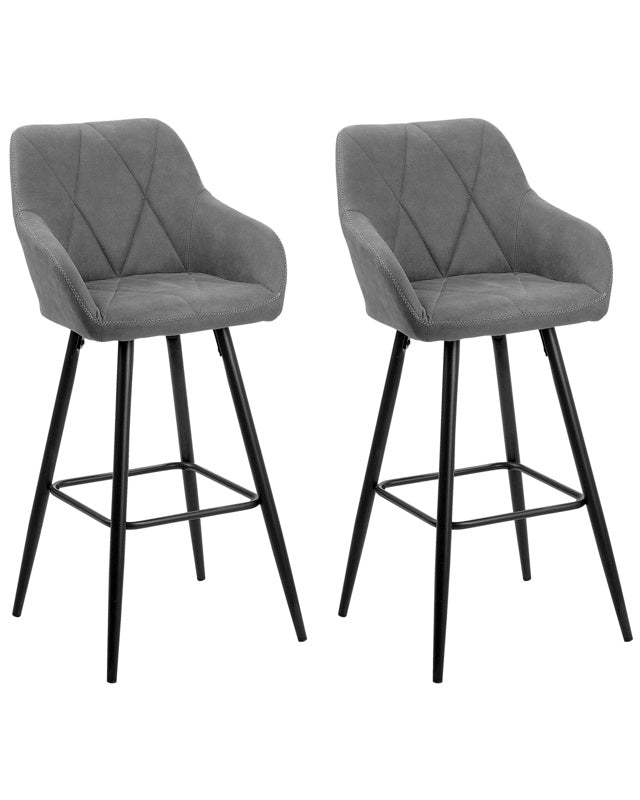 Set of 2 Bar Stool Grey Fabric Upholstered With Arms Quilted Backrest Black Metal Legs Beliani