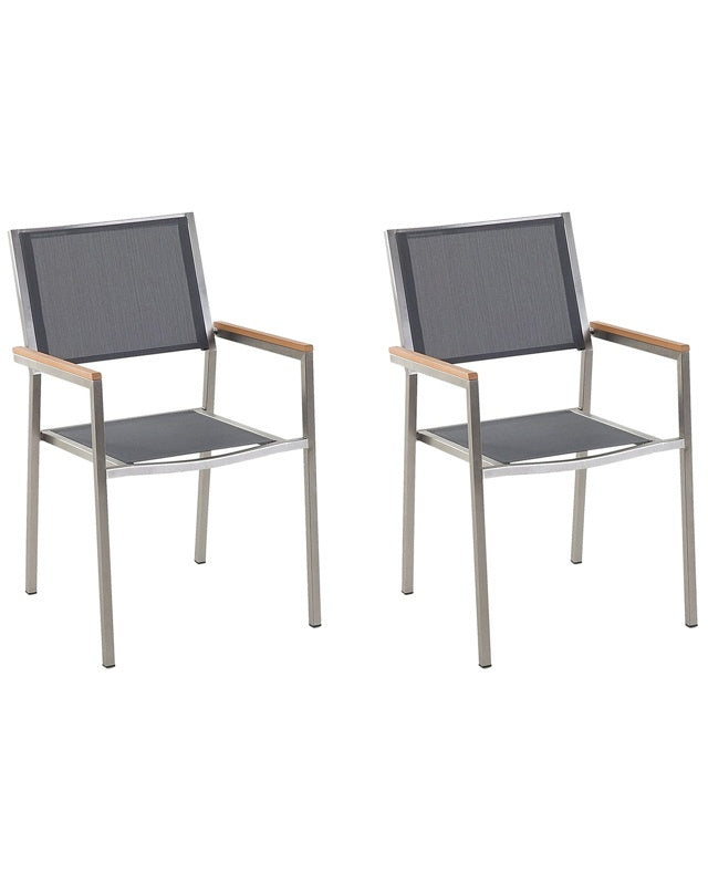 Set of 2 Garden Dining Chairs Grey and Silver Textile Seat Stainless Steel Legs Stackable Outdoor Resistances Beliani