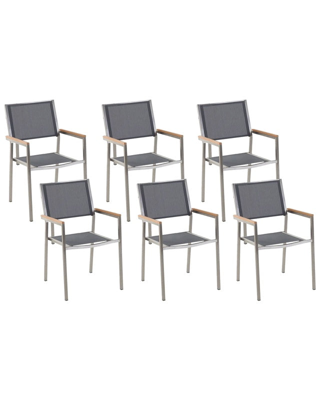 Set of 6 Garden Dining Chairs Grey and Silver Textile Seat Stainless Steel Legs Stackable Outdoor Resistances Beliani