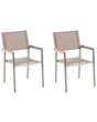 Set of 2 Garden Dining Chairs Beige and Silver Textile Seat Stainless Steel Legs Stackable Outdoor Resistances Beliani