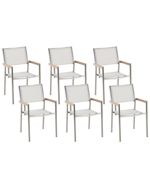 Set of 6 Garden Dining Chairs White and Silver Textile Seat Stainless Steel Legs Stackable Outdoor Resistances Beliani