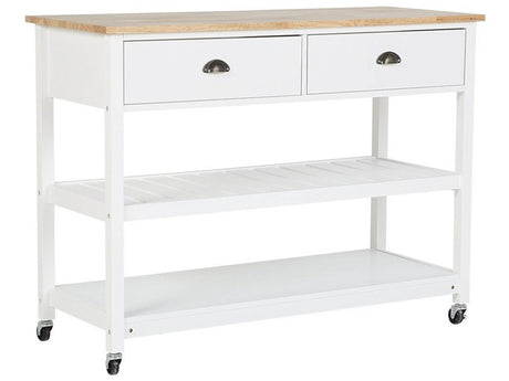 Kitchen Trolley White Light Wood Top 2 Shelves 2 Cutlery Drawers Casters Scandinavian Modern Beliani