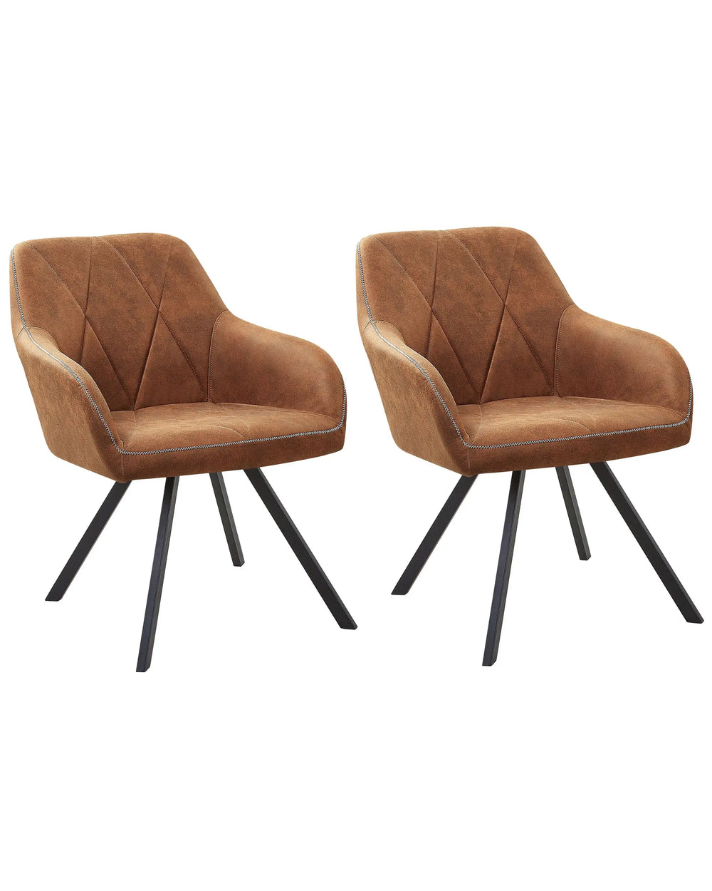 Set of 2 Dining Chairs Brown Fabric with Arms  Quilted Backrest Black Metal Legs Retro Transitional Beliani