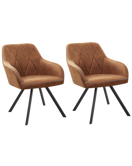 Set of 2 Dining Chairs Brown Fabric with Arms  Quilted Backrest Black Metal Legs Retro Transitional Beliani