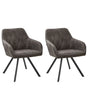 Set of 2 Dining Chairs Grey Fabric with Arms  Quilted Backrest Black Metal Legs Retro Transitional Beliani