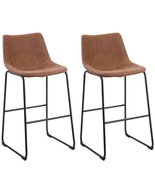 Set of 2 Bar Stools Brown Fabric Upholstery Black Metal Legs Footstool Industrial Beliani