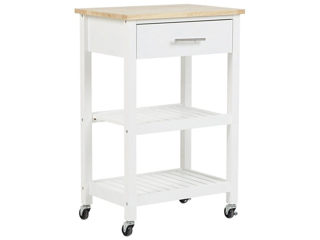 Kitchen Trolley White Rubberwood MDF 58 x 40 x 85 cm 3 Shelves Cutlery Drawer Bottle Rack Casters Beliani