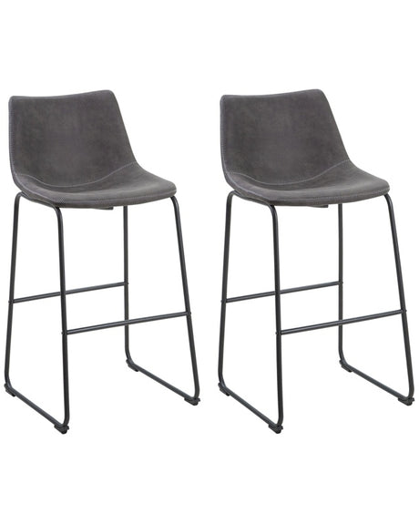 Set of 2 Bar Stools Dark Grey Fabric Upholstery Black Metal Legs Footstool Industrial Beliani