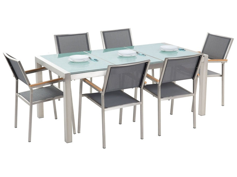 Garden Dining Set Grey with Cracked Glass Table Top 6 Seats 180 x 90 cm Triple Plate Beliani