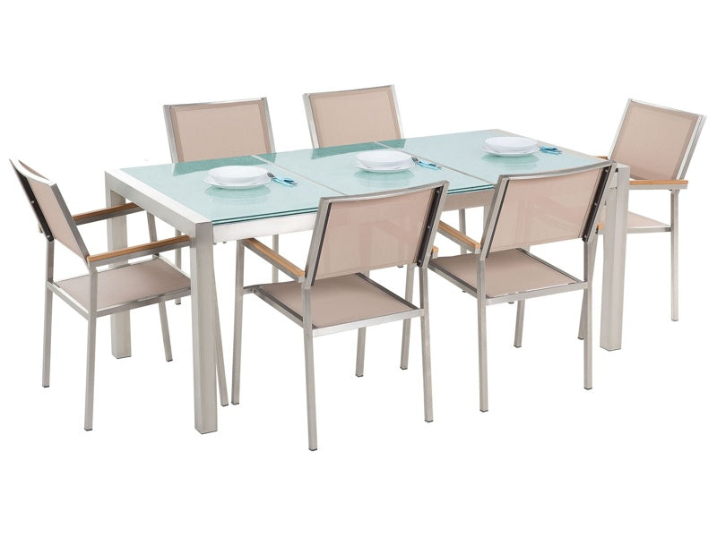 Garden Dining Set Beige with Cracked Glass Table Top 6 Seats 180 x 90 cm Triple Plate Beliani