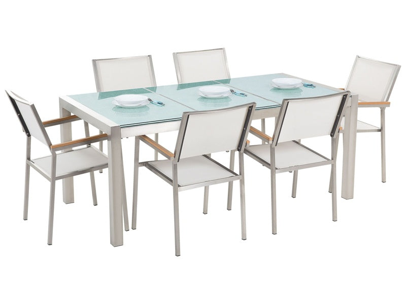 Garden Dining Set White with Cracked Glass Table Top 6 Seats 180 x 90 cm Triple Plate Beliani