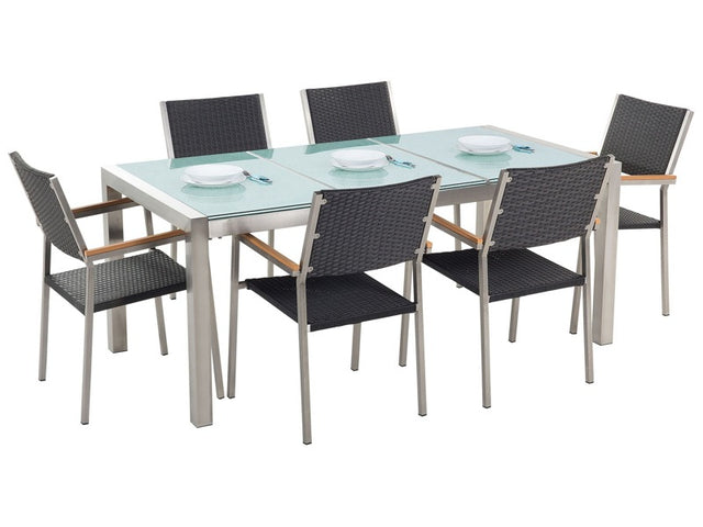 Garden Dining Set Black with Cracked Glass Table Top 6 Seats 180 x 90 cm Triple Plate Beliani