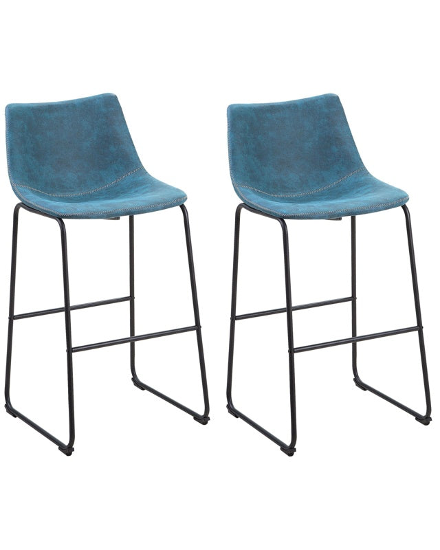 Set of 2 Bar Stools Blue Fabric Upholstery Black Metal Legs Footstool Industrial Beliani