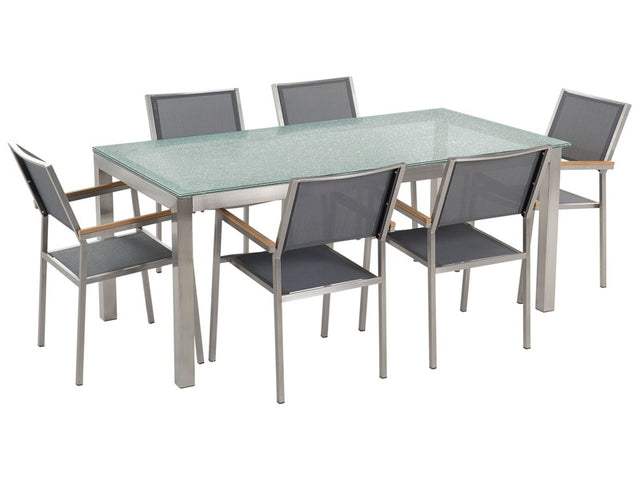 Garden Dining Set Grey with Cracked Glass Table Top 6 Seats 180 x 90 cm Beliani