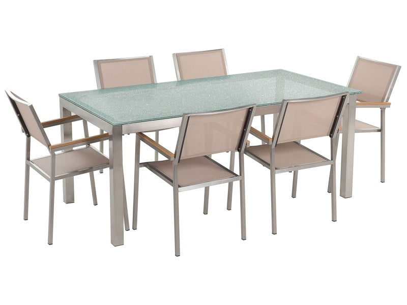 Garden Dining Set Beige with Cracked Glass Table Top 6 Seats 180 x 90 cm Beliani