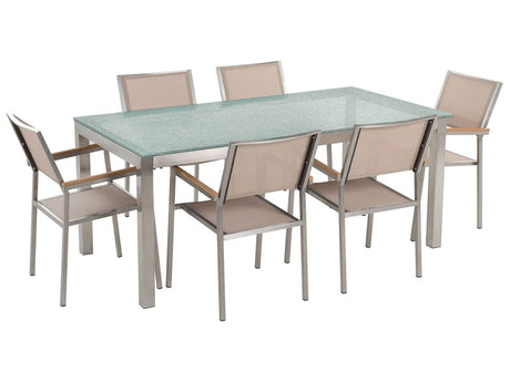 Garden Dining Set Beige with Cracked Glass Table Top 6 Seats 180 x 90 cm Beliani