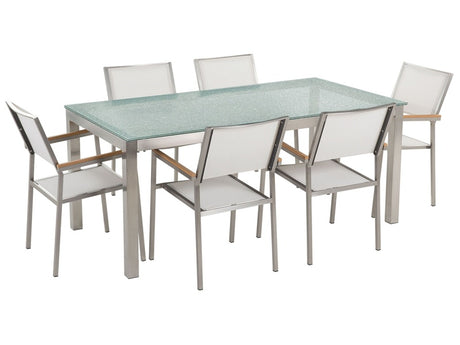 Garden Dining Set White with Cracked Glass Table Top 6 Seats 180 x 90 cm Beliani