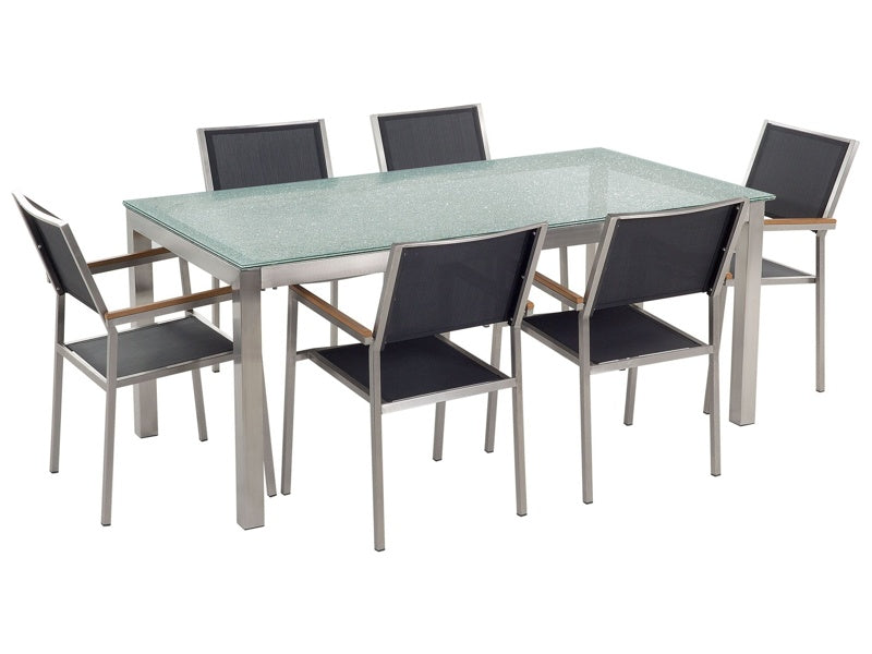 Garden Dining Set Black with Cracked Glass Table Top 6 Seats 180 x 90 cm Beliani