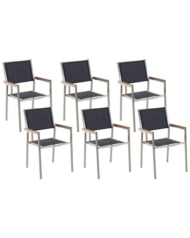 Set of 6 Garden Dining Chairs Black and Silver Textile Seat Stainless Steel Legs Stackable Outdoor Resistances Beliani