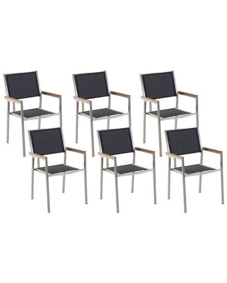 Set of 6 Garden Dining Chairs Black and Silver Textile Seat Stainless Steel Legs Stackable Outdoor Resistances Beliani