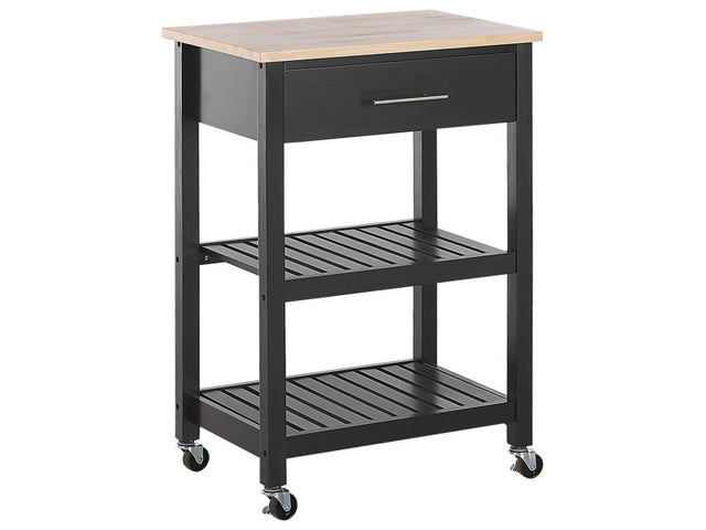 Kitchen Trolley Black Rubberwood MDF 58 x 40 x 85 cm 2 Shelves Cutlery Drawer Bottle Rack Casters Beliani