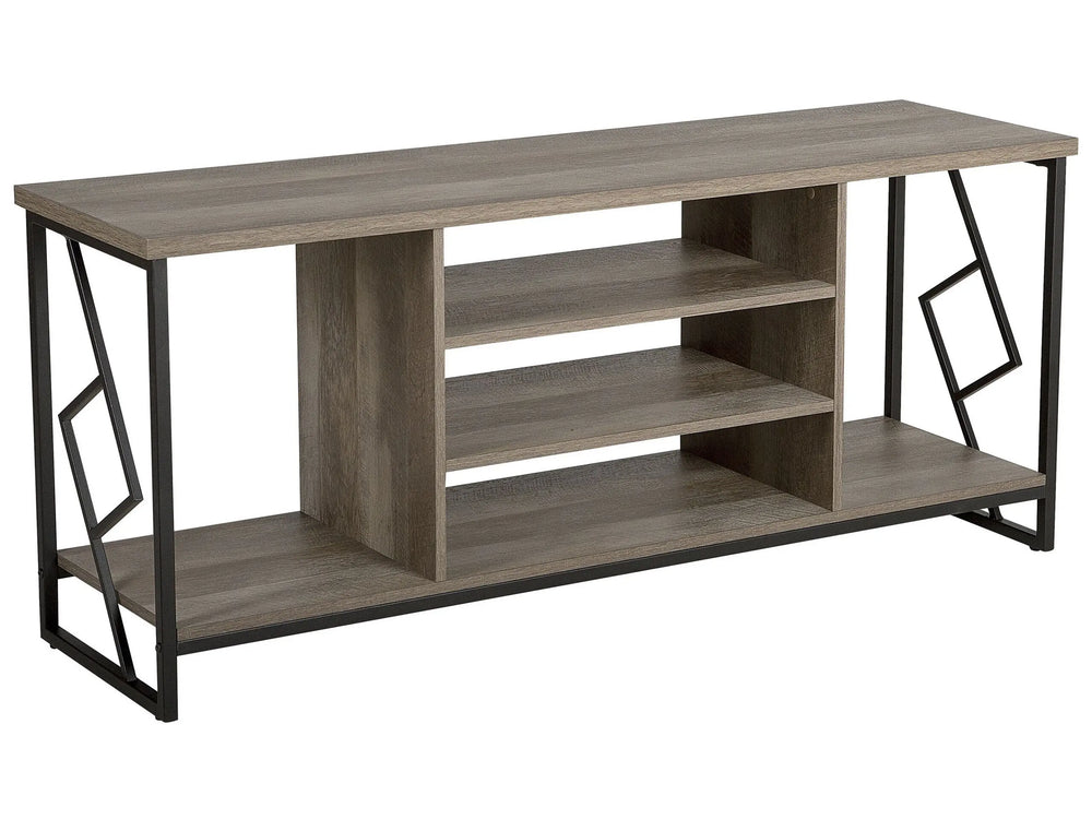 TV Stand Dark Wood Finish for up to 60 TV Black Metal Frame Media Unit with Open Shelves Beliani
