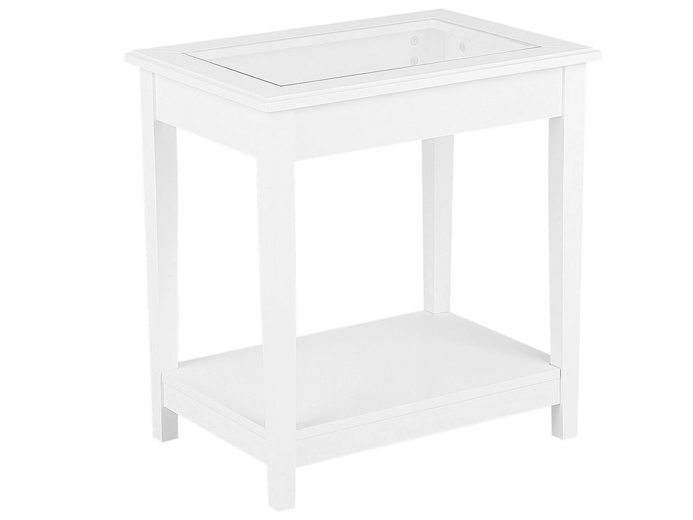 Side Table White MDF 57 x 40 cm with Glass Top One Shelf Bedside Table Beliani