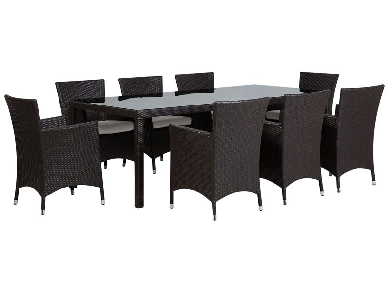 Garden Dining Set Dark Brown Faux Rattan 8 Seater with Cushions UV Resistant Patio Traditional Beliani