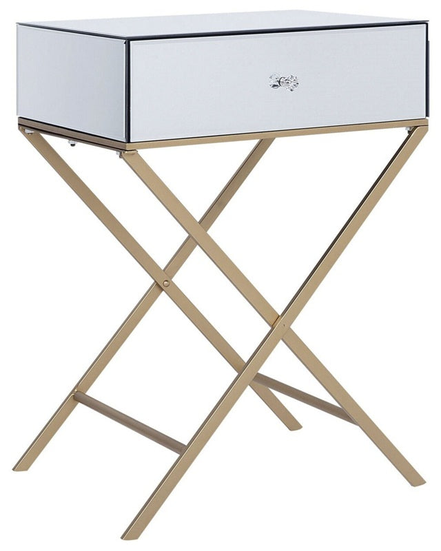 Side Table Silver Mirrored Top Gold Metal Legs 50 x 40 cm Modern Glam Style with 1 Drawer Beliani