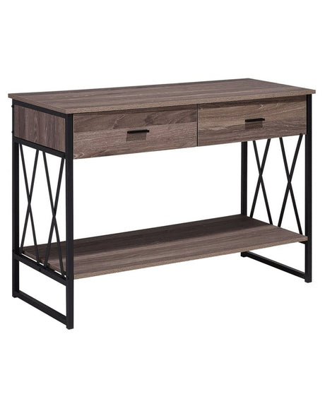 Side Table Taupe Wood Black Metal Frame 107 x 46 cm 2 Storage Drawers Shelf Dressing Table Industrial Beliani