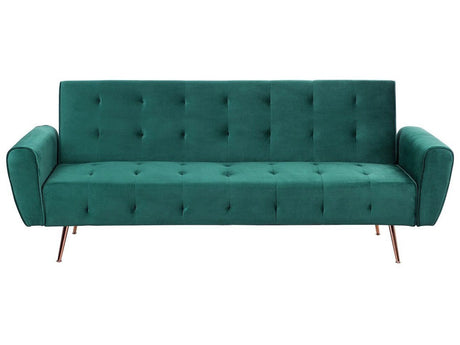 Sofa Bed Green Velvet 3-Seater Sleeper Couch with Side Pocket Metal Legs Upholstered Back Tufted Modern Beliani