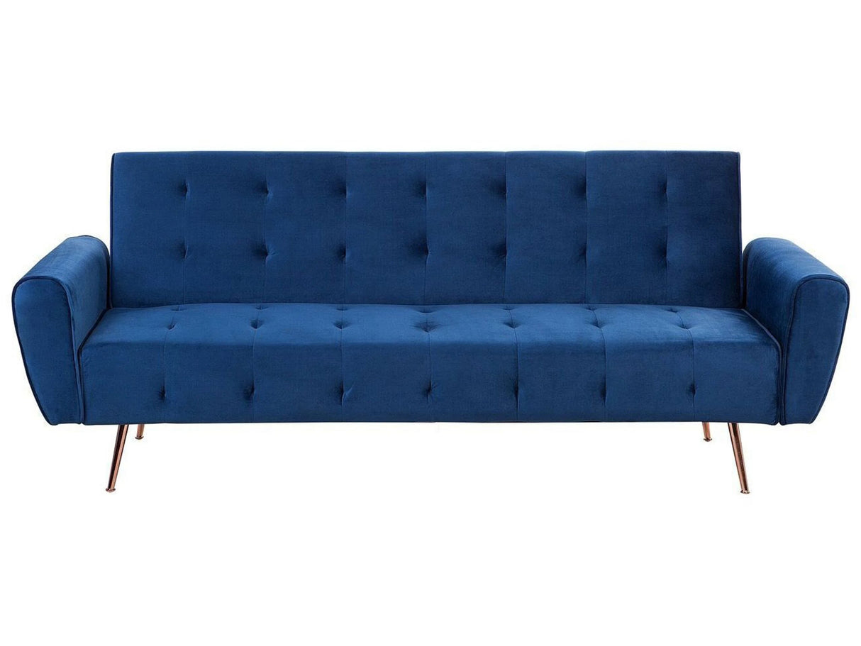Sofa Bed Blue Velvet 3-Seater Sleeper Couch with Side Pocket Metal Legs Upholstered Back Tufted Modern Beliani