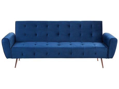 Sofa Bed Blue Velvet 3-Seater Sleeper Couch with Side Pocket Metal Legs Upholstered Back Tufted Modern Beliani