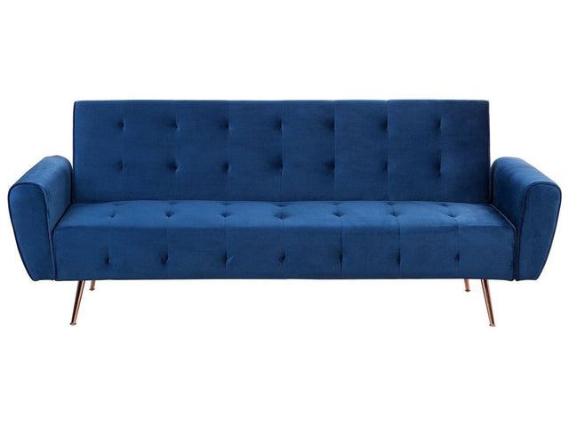 Sofa Bed Blue Velvet 3-Seater Sleeper Couch with Side Pocket Metal Legs Upholstered Back Tufted Modern Beliani