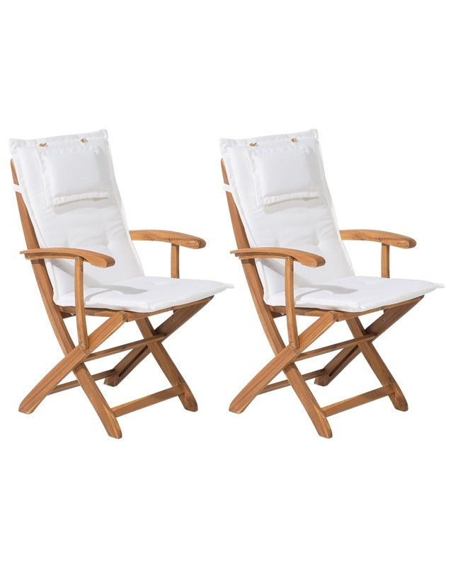 Set of 2 Garden Dining Chairs Light Wood with White Cushion Acacia Wood Frame Folding Rustic Design Beliani