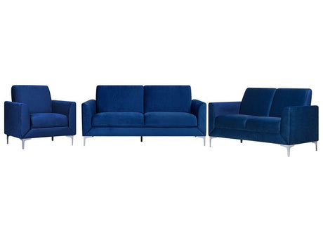 Sofa Set Blue Velvet Upholstery 3 + 2 + 1 Seater Glam Beliani