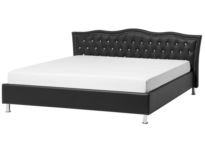 EU Super King Size Bed Black Faux Leather 6ft Upholstered Frame Nailhead Trim Crystal Buttons Headrest Beliani