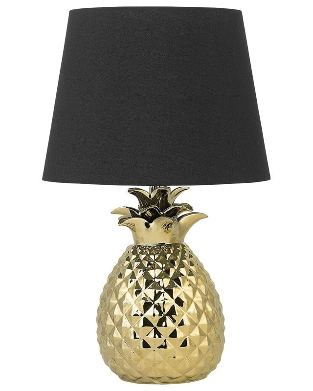 Decorative Table Lamp Gold with Black Ceramic Glossy Base Pineapple Shape Polyester Shade Eclectic Design Beliani